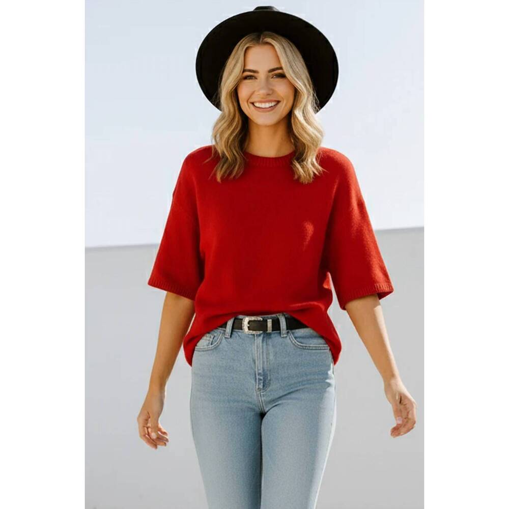 NEW SEWN AND SEEN short sleeve relaxed sweater top in red